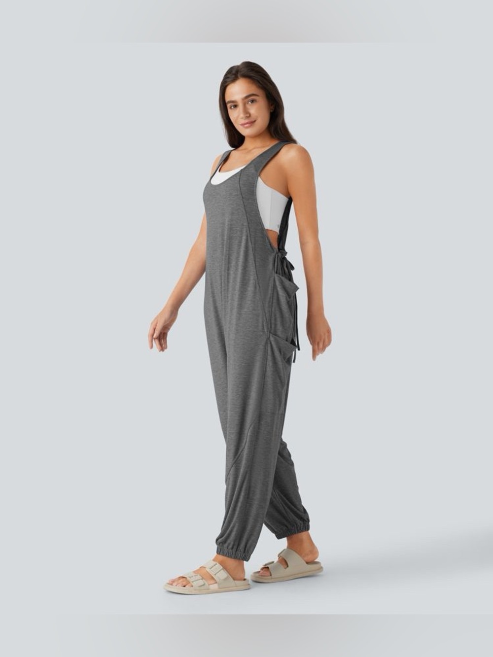 NWT! HALARA Women’s Large U Neck Drawstring Pocket Casual Jumpsuit Dark Gray